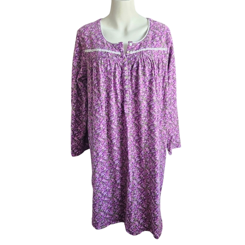 Eileen West Pajama Large Purple Floral Cotton Eyelet Lace Cottagecore Grannycore